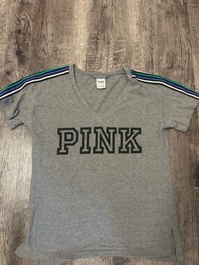 PINK Victoria's Secret Gray V-Neck Tee with Multicolor Shoulder Stripes